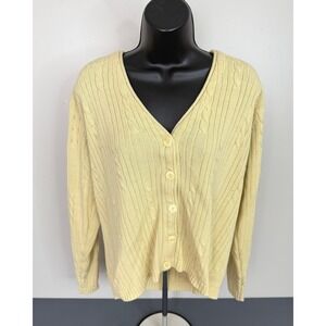 Yarnworks Women's V-Neck Cable Knit Cardigan Yellow Size Large Preppy FLAW